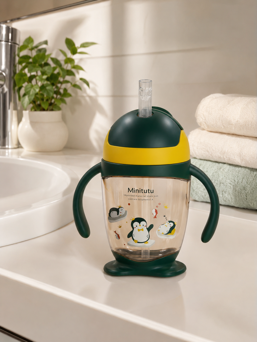 Minitutu Penguin Water Cup 300ml for 12+ Months | BPA-Free PP Baby Training Cup with Dual Handles | CB813-1